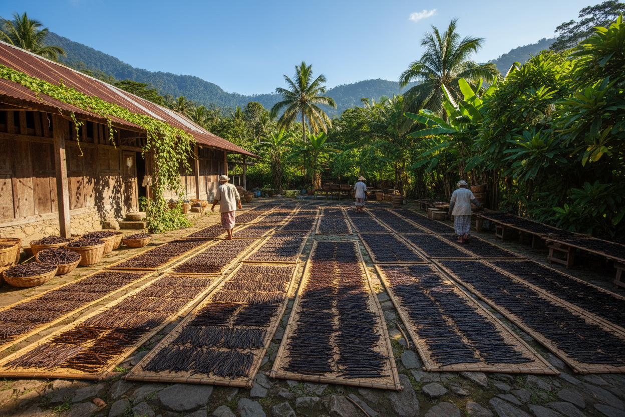 La cour d'un entrepôt ou de la vanille sèche dehors sur des tapis en joutes 